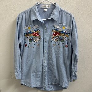 Cozy Collection Women's Light Blue Embroidered Button Down Shirt